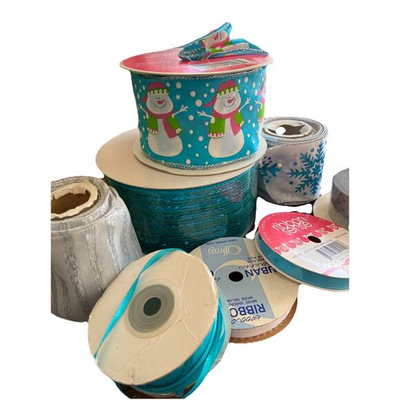 Lot of 8 Blue & Silver Decorative Holiday Ribbons Snowman Glitter Foil Wired VTG - Picture 11 of 12